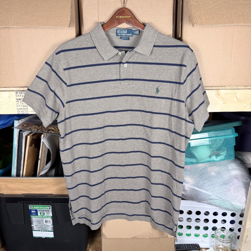 Polo Ralph Lauren‎ Mens Custom Fit Gray Navy Stripe Short Sleeve Polo Shirt XL